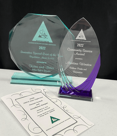 Two trophies and the program for awards ceremony.