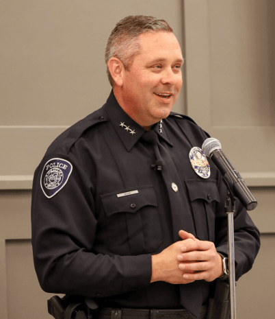 Chief Brent Sugg addresses the crowd at his swearing-in ceremony