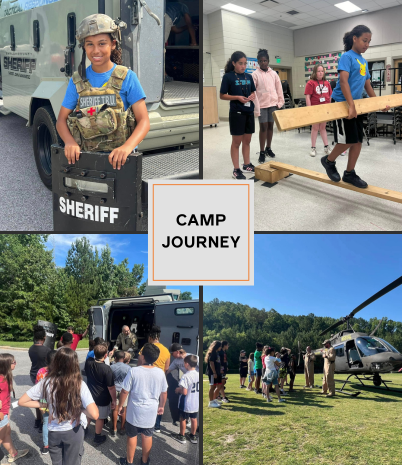 Four pictures of children participating in last year's Camp Journey. Various activities depicted.
