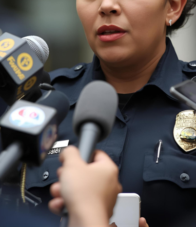 A female police officer with dark hair and brown skin addresses the media. Microphones